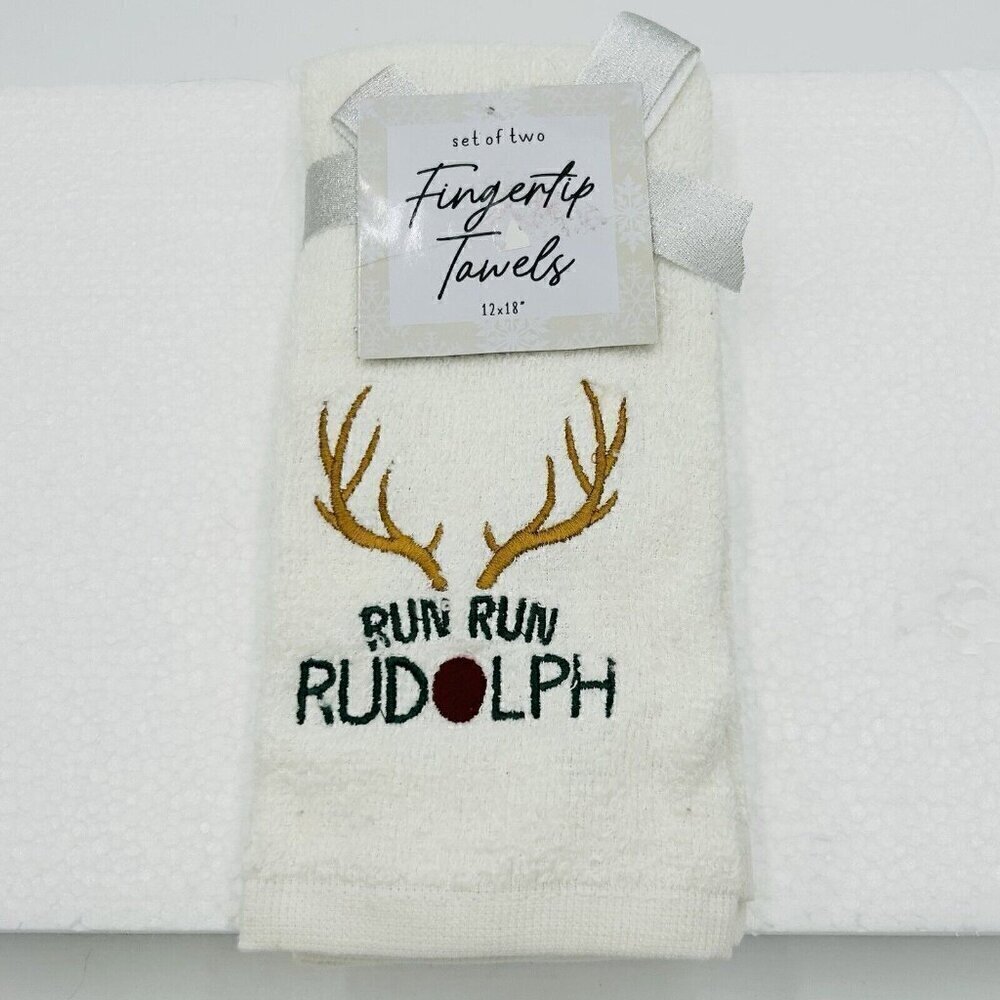 Christmas Holiday Fingertip Towels Embroidered Set of 2 Run Run Rudolph 12"x18"